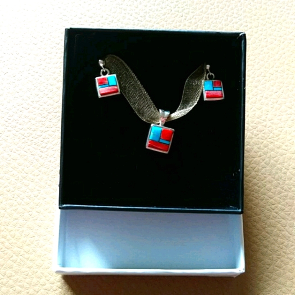 Zuni Turquoise & Coral Pendant and Earring set